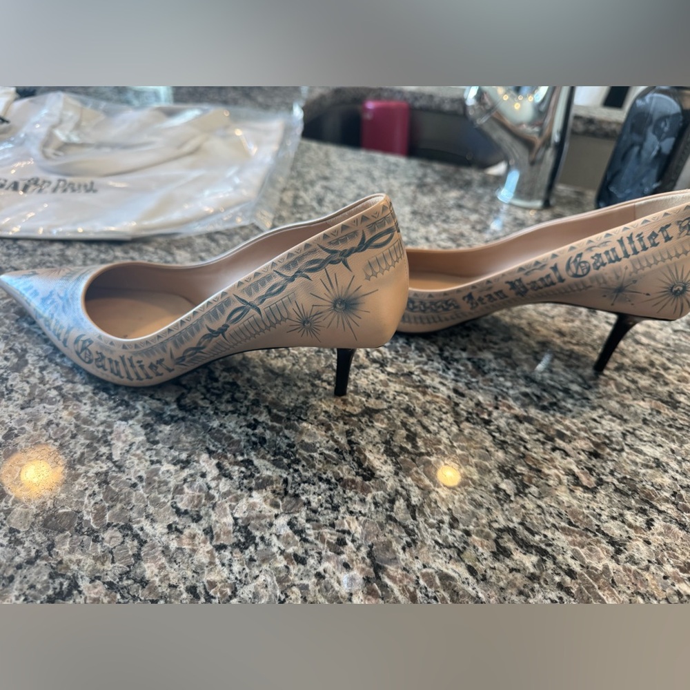 Jean Paul Gaultier Tattoo Print Beige Heels